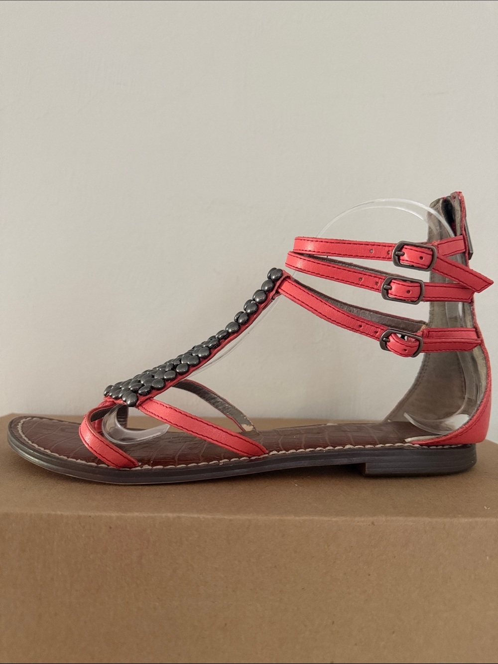 SAM EDELMAN Ginger Studded Gladiator Sandals Ankle Strap Flats Leather Size 8 - Picture 4 of 14